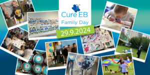 Polaroid images of previous family day events scattered over a blue/green background with the text: Cure EB Family Day 29.9.2024