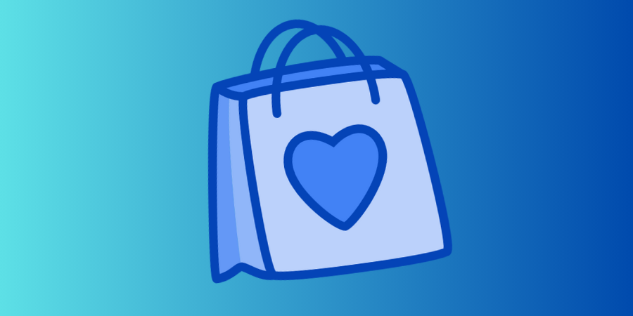 Shopping bag outline, with blue heart to front