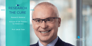 Profile photo of Prof Jakub Tolar, overlaid with the text "Research the Cure Research Webinar. Immune & Cell therapy for RDEB SCC. Prof Jakub Tolar"