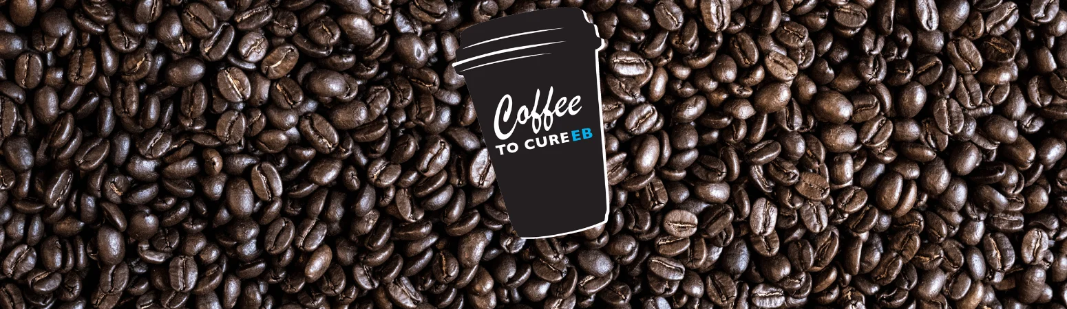 Coffee Beans overlaid with an outline of a takeaway coffee cup featuring the words Coffee to Cure EB